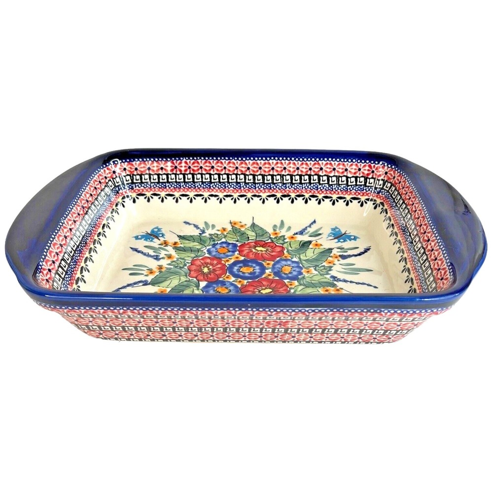 Unikat Spring Splendor Polish Pottery Rectangle Baker with Handles Signed Floral